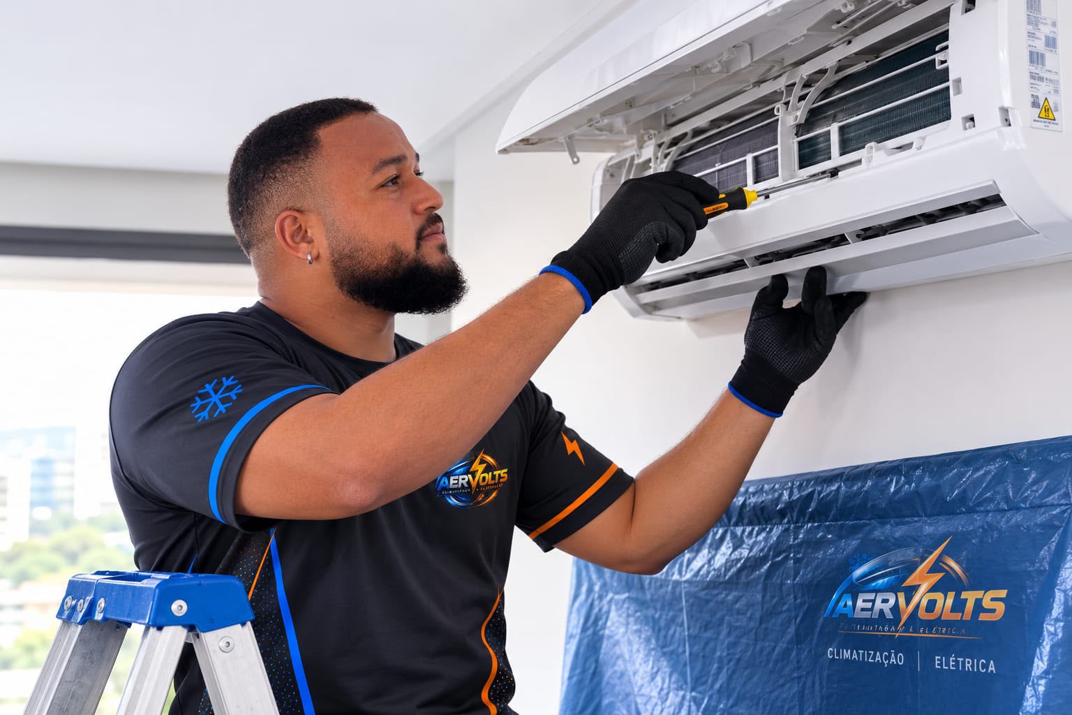 Técnico da AERVOLTS instalando ar condicionado split em Itabuna