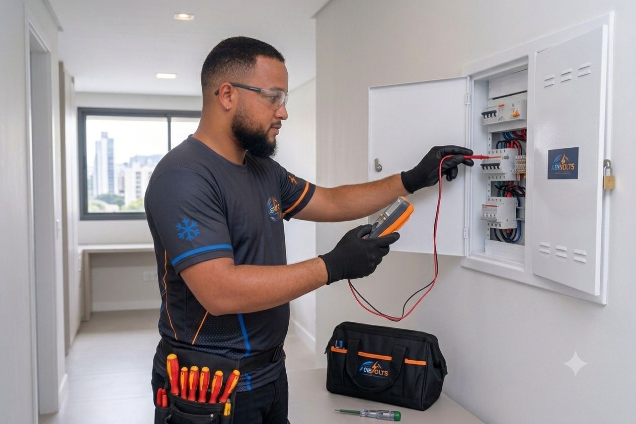 Eletricista da AERVOLTS fazendo manutenção em quadro elétrico